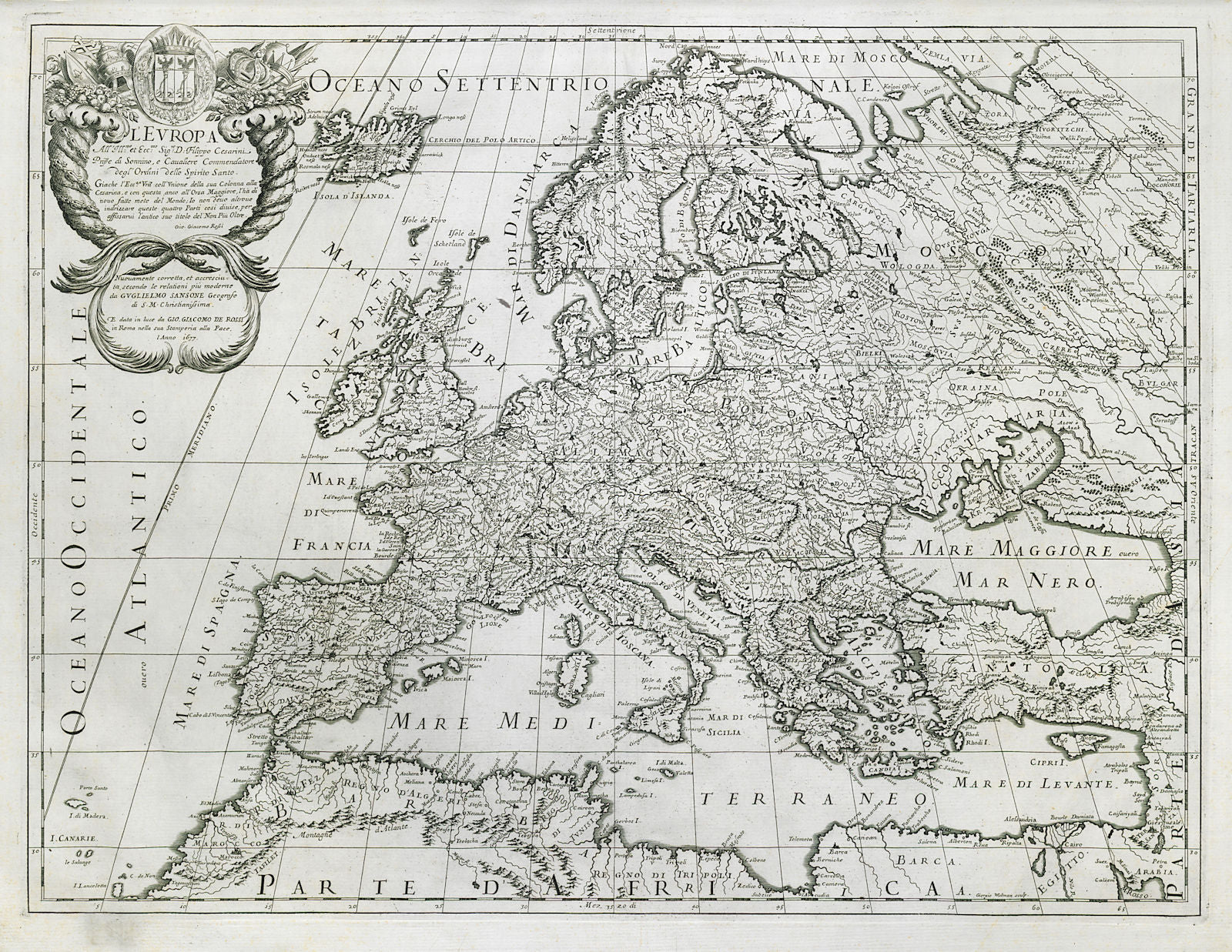 L'Europa. Europe. DE ROSSI 1677 old antique vintage map plan chart